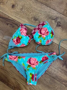 REVERSIBLE Bright Floral Turquoise Bikini Set Sz M